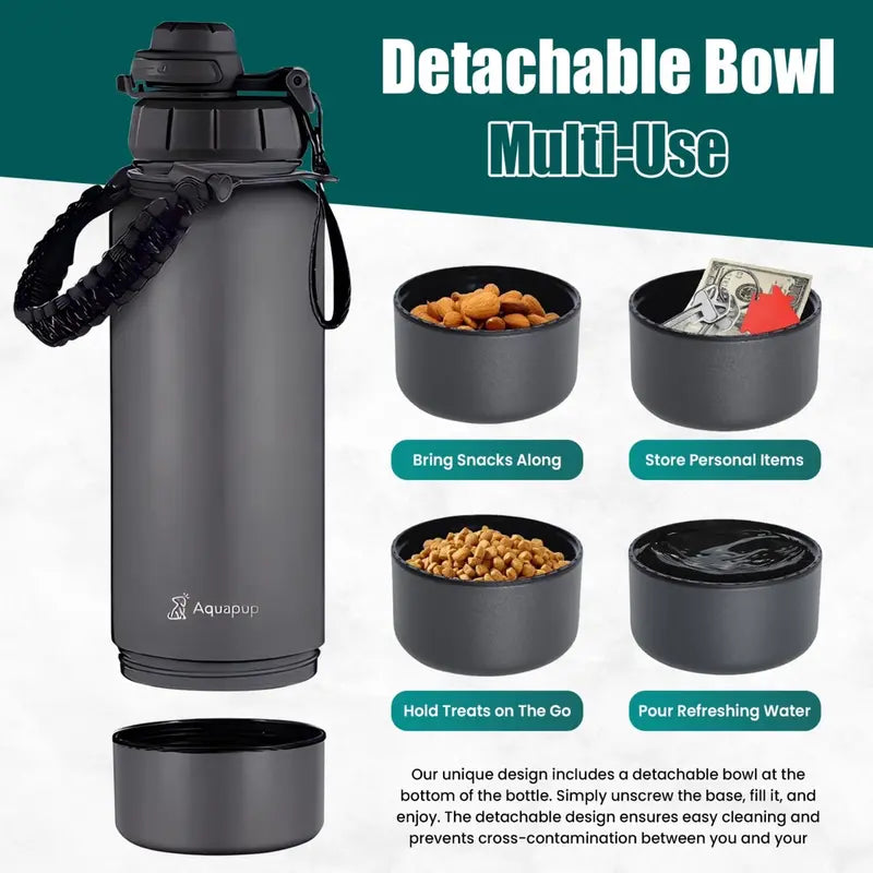 Aquapup Portable Dog Water Bottle & Bowl- Stainless Steel, Scratch Resistant, Detachable Storage, 32 Oz, Leak Proof, Double Vacuum Insulation- Good for Pets Outdoor Walking, Hiking, Travel, Food